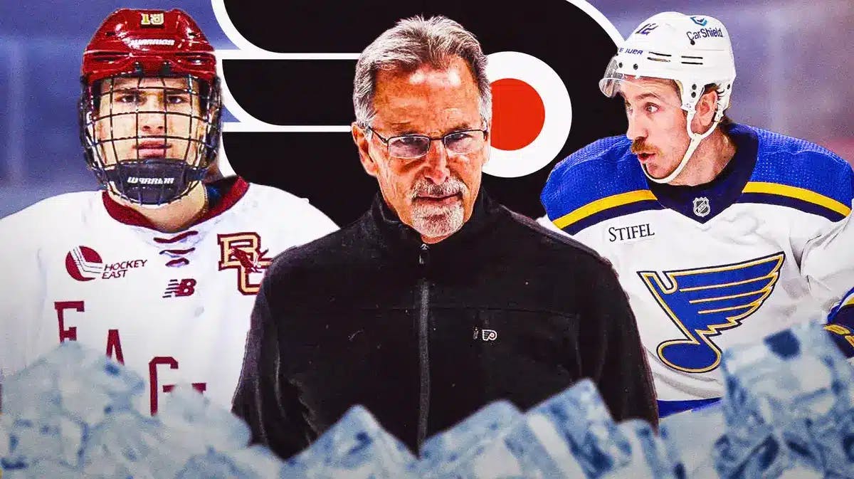 John Tortorella in the middle with speech bubble: “This is a joke” , Cutter Gauthier and Kevin Hayes on either side, PHI Flyers logo, hockey rink in background