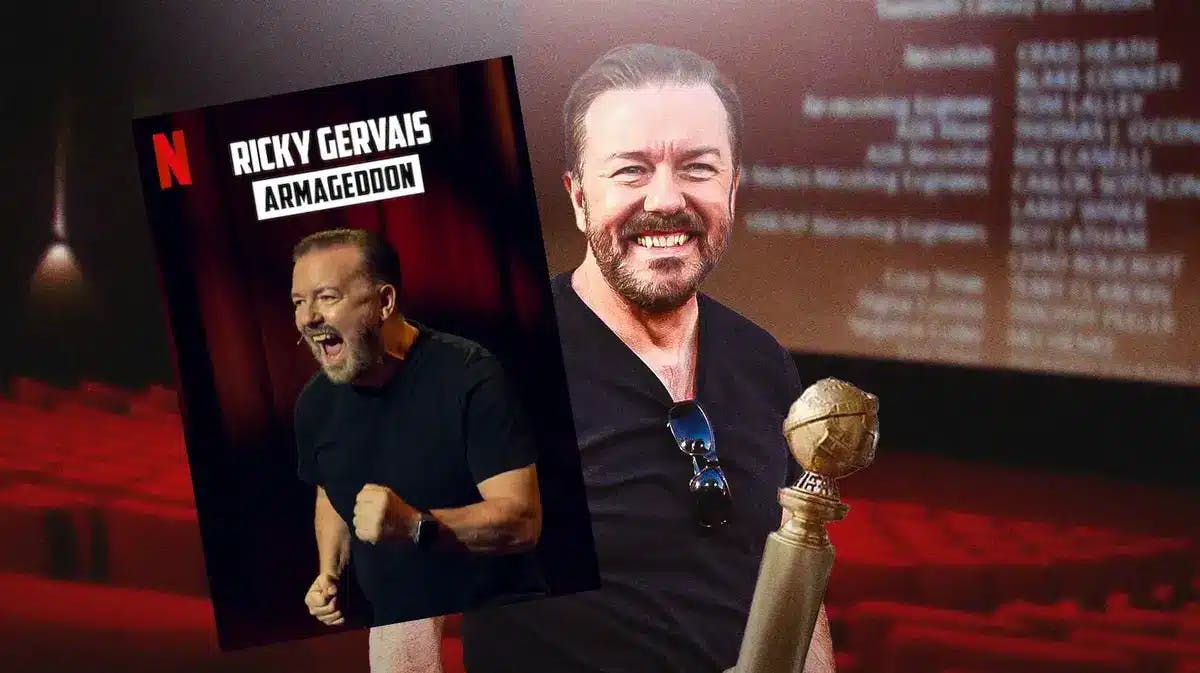 Armageddon stand-up special poster next to Ricky Gervais and Golden Globe trophy with movie theater background.