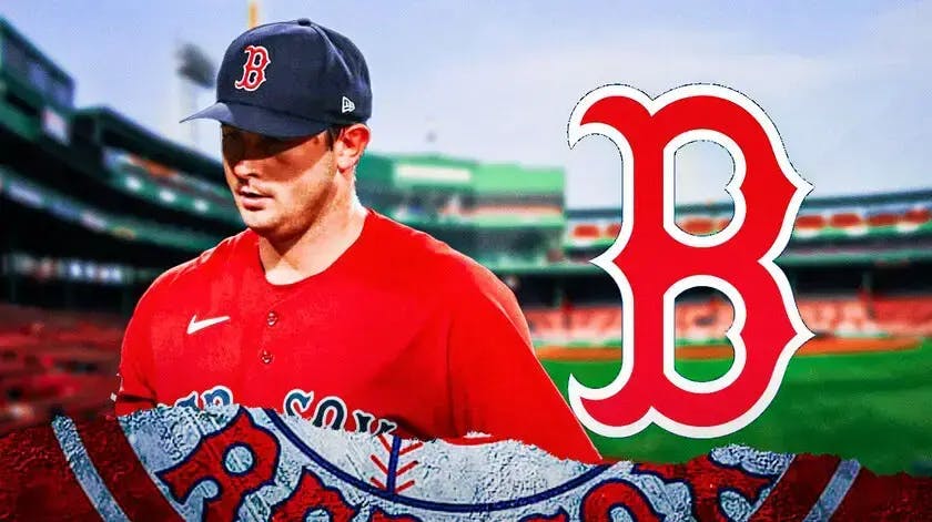 Garrett Whitlock in middle of image looking stern, BOS Red Sox logo in image, baseball field in background