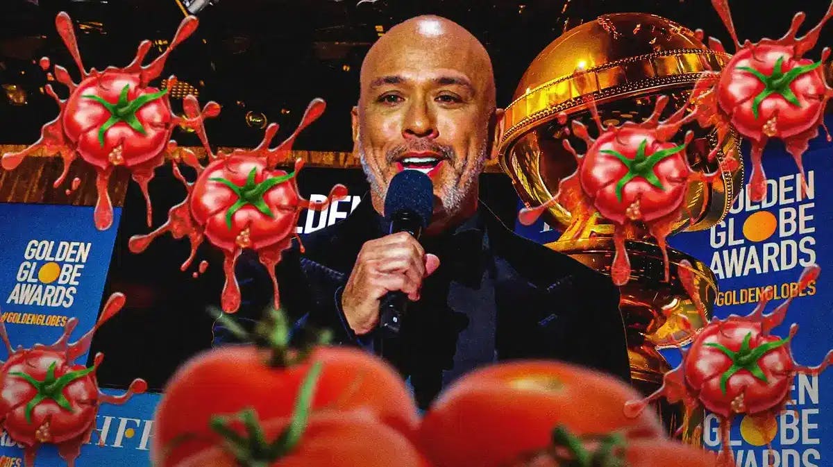 Comedian Jo Koy with tomatoes all around him.