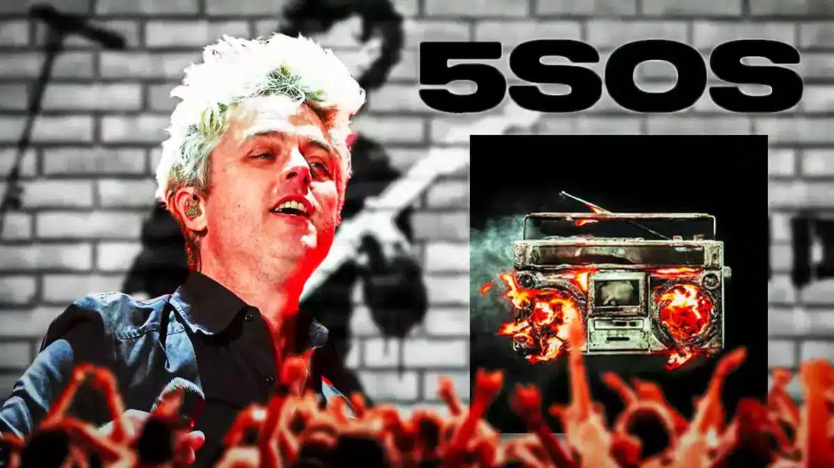 Green Day singer Billie Joe Armstrong next to Revolution Radio album cover and 5 Seconds of Summer logo.