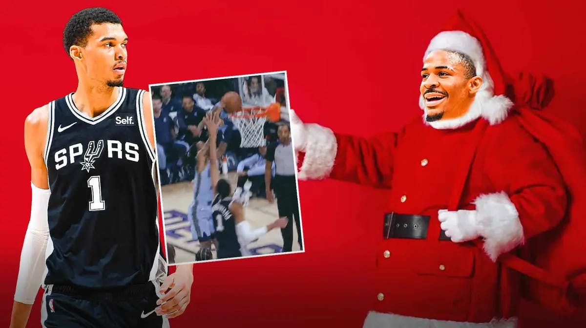 Grizzlies' Ja Morant as Santa Claus holding a gift, with Spurs' Victor Wembanyama looking serious, screenshot of Morant’s dunk as the gift Morant is holding