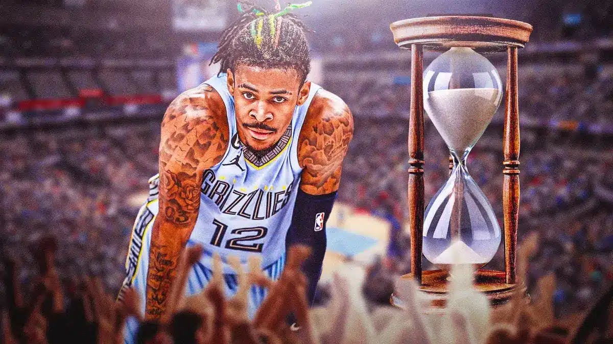 Grizzlies' Ja Morant looking sad, with an hourglass beside him