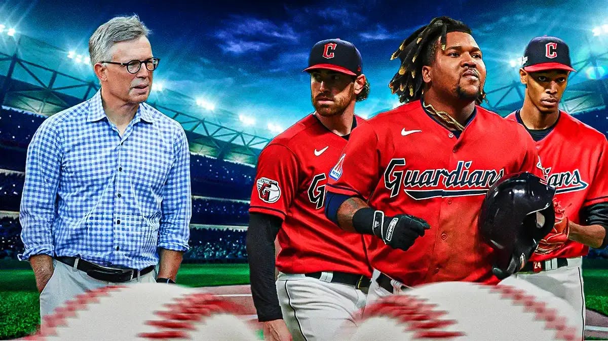 Guardians owner Paul Dolan on left looking serious. Jose Ramirez, Shane Bieber, Triston McKenzie (All in Guardians uniforms) on right.