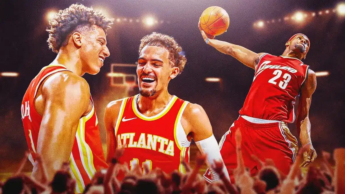 Hawks' Trae Young hyping up Jalen Johnson, with 2005 Cavs LeBron James dunking the basketball on the side
