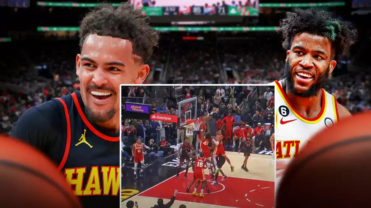 Hawks' Trae Young and Saddiq Bey smiling, with screenshot of Bey's putback in the middle