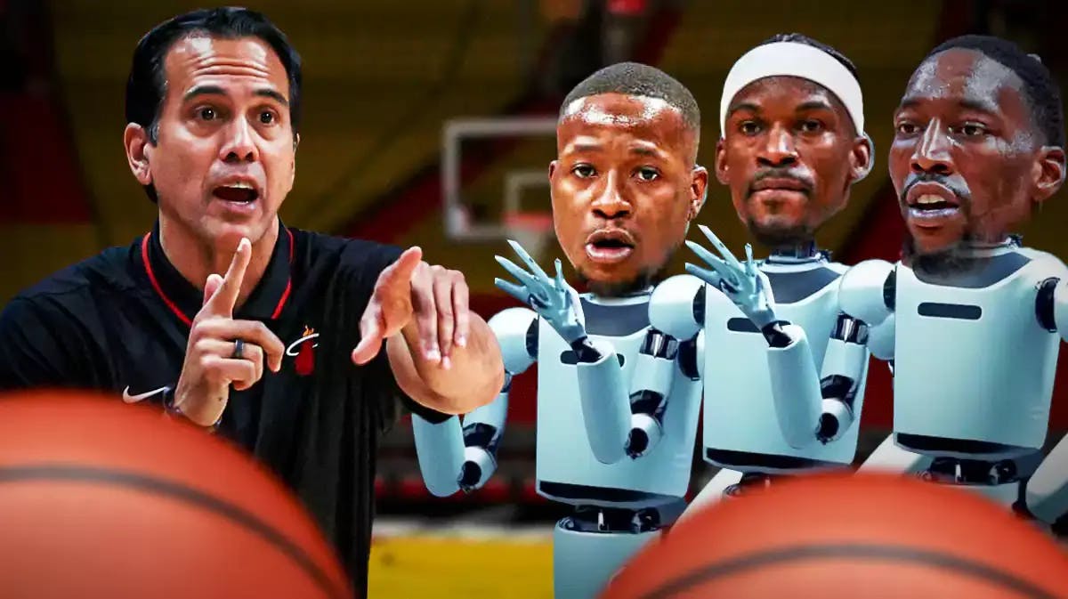 Heat’s Erik Spoelstra yelling orders, with Bam Adebayo, Jimmy Butler, and Terry Rozier photoshopped into robots
