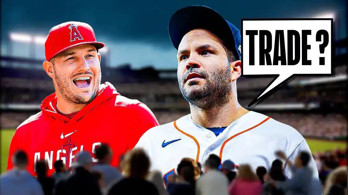 Angels' Mike Trout on left. Astros' Jose Altuve on right. Have Altuve saying the following: Trade?