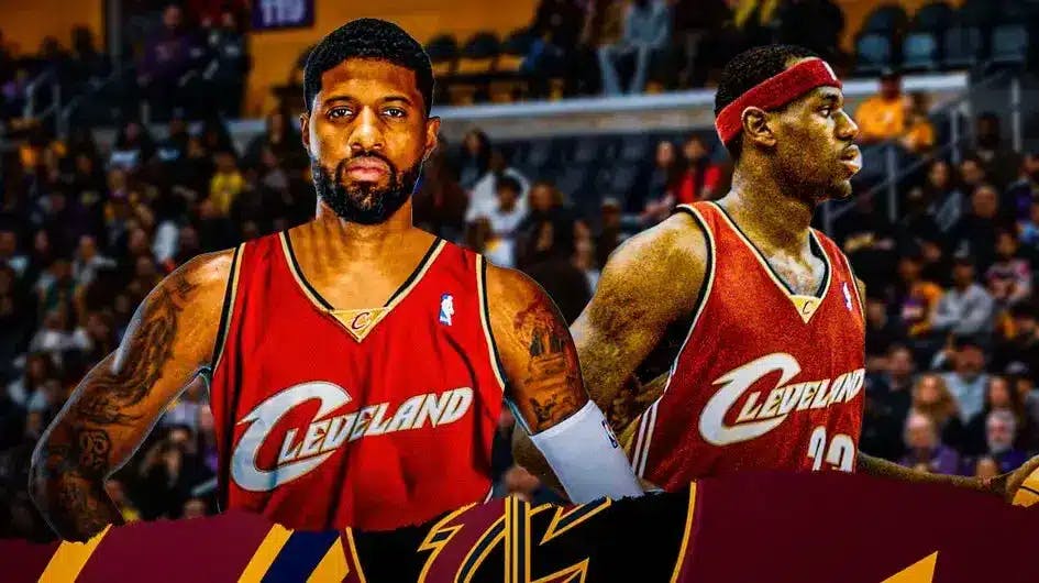 Paul George and LeBron James in Cavs uniforms