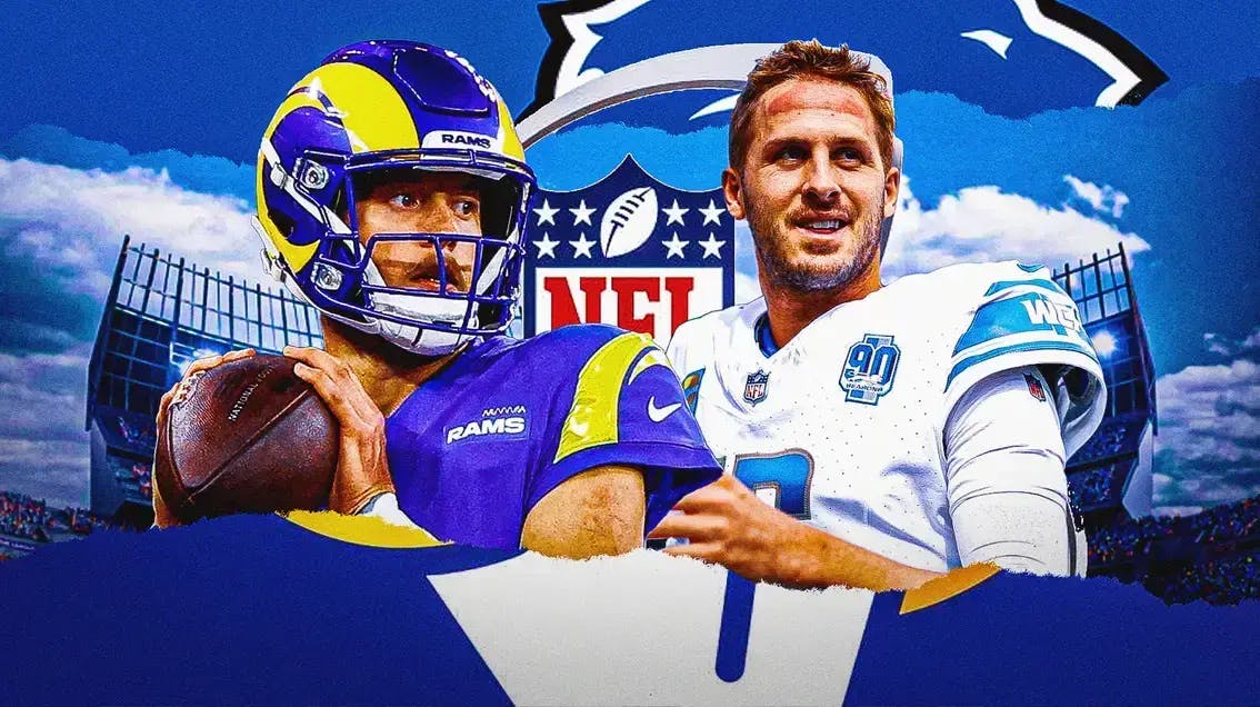 Matthew Stafford, Rams logo vs. Jared Goff, Lions logo. Wild Card logo front and center.