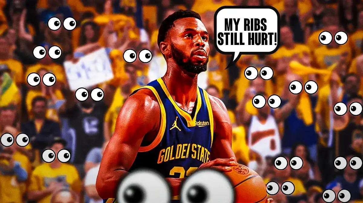 Andrew Wiggins with a speech bubble that says “My ribs still hurt!” a bunch of Golden State Warriors fans on the other side with the big eyes emoji over their faces