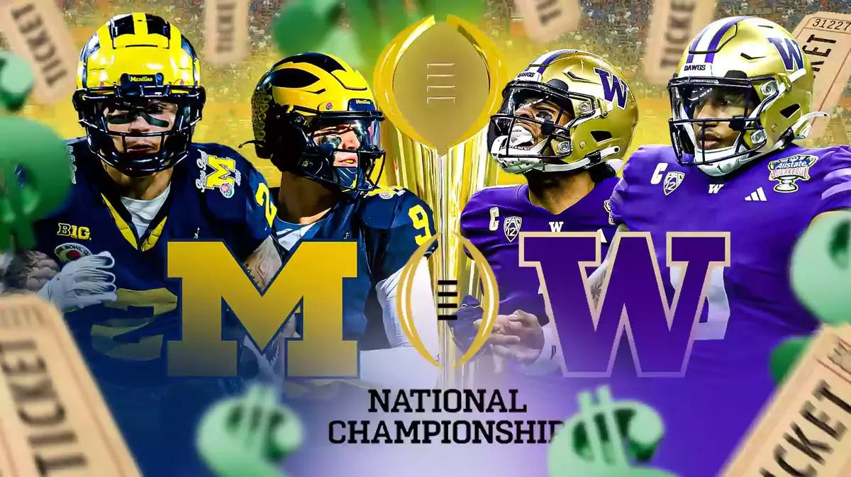 Blake Corum, J.J. McCarthy, Michigan logo on one side. On the other side is Michael Penix, Rome Odunza, Washington logo. In the middle is the CFP National Championship logo as well as CFP National Championship trophy. Tickets and dollars signs all around the graphic.
