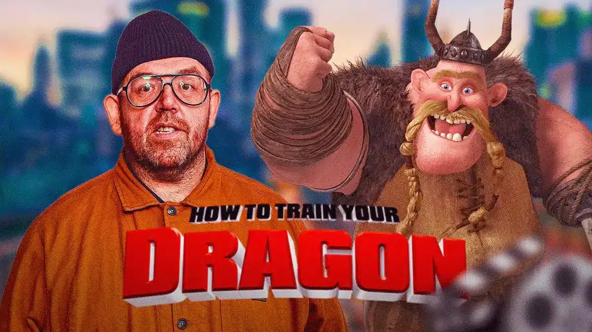 Nick Frost and How to Train Your Dragon logo with Gobber the Belch.