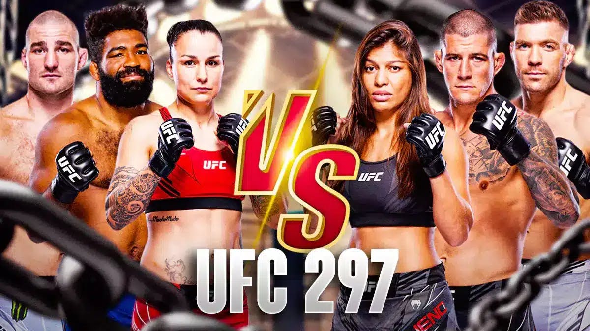 Sean Strickland, Chris Curtis, Raquel Pennington on one side vs. Dricus Du Plessis, Marc-Andre Barriault, Mayra Bueno Silva on the other side. “UFC 297” in big bold letters at bottom of graphic.