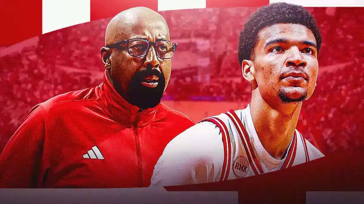 Mike Woodson and Kel'el Ware stand in front of Indiana basketball logo, Kel'el Ware ponders about his injury before the Illinois basketball game