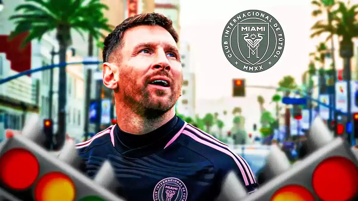 Lionel Messi smiling in front of a traffic jam, the Inter Miami logo in the sky