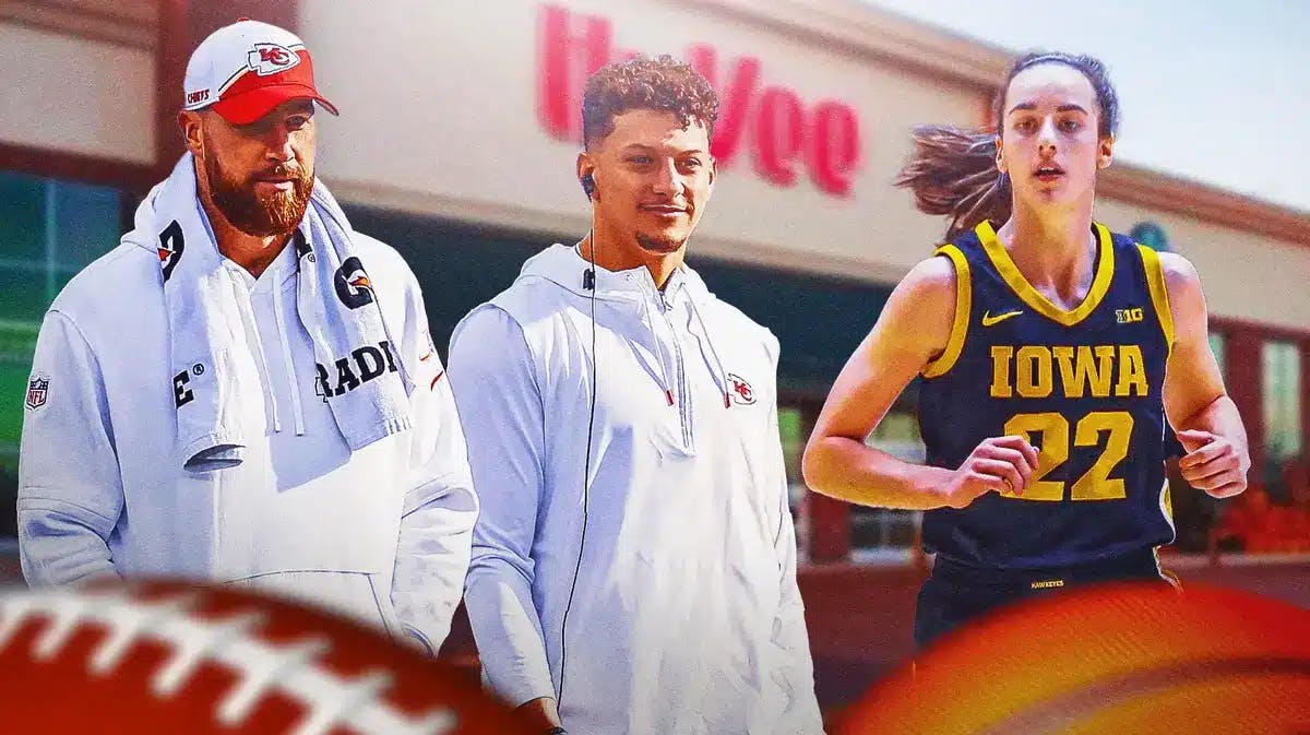 Iowa women’s basketball player Caitlin Clark, and Kansas Chiefs players Travis Kelce and Patrick Mahomes, in front of a Hy-Vee grocery store