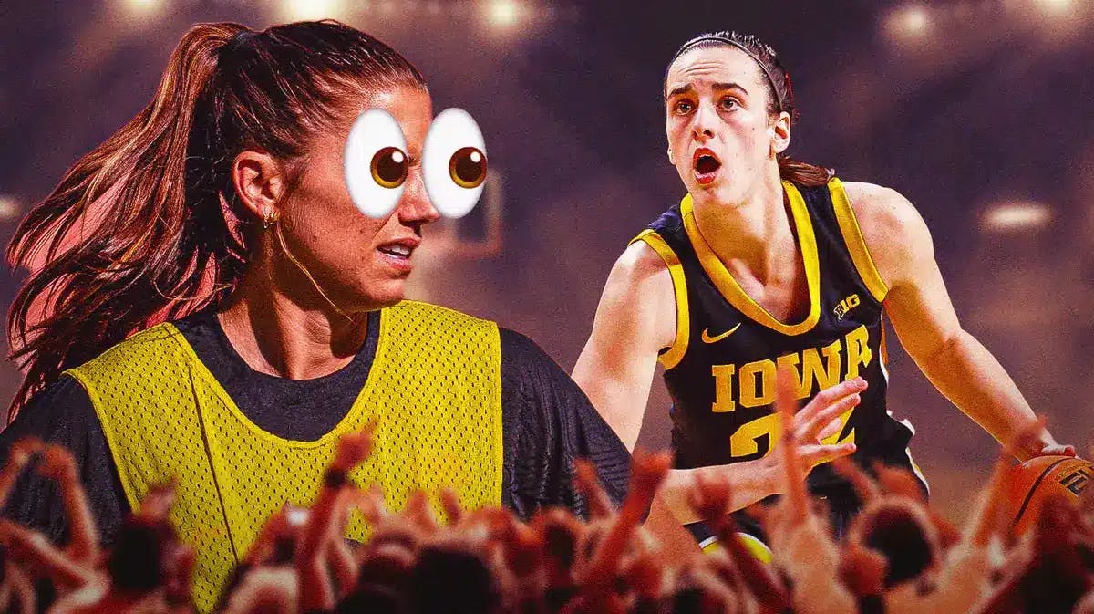 Alex Morgan eyes popping out looking at Caitlin Clark. Have Clark shooting a basketball.