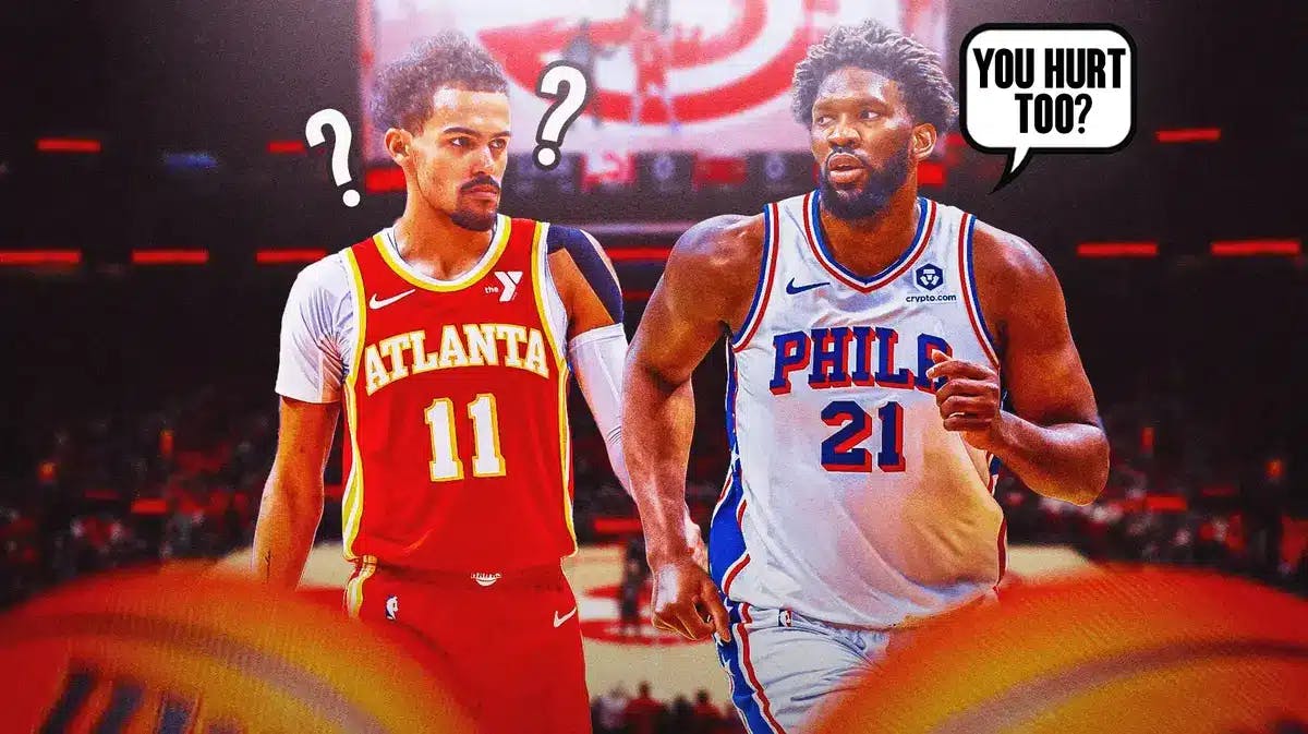 Joel Embiid asking Hawks' guard Trae Young "You hurt too?"