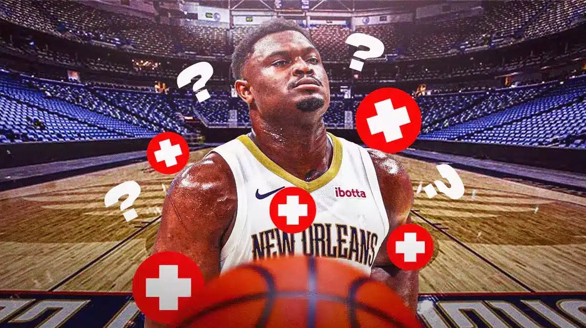 Zion Williamson with red medical symbol and question marks