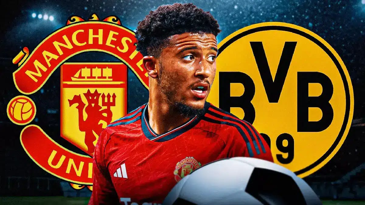 Jadon Sancho in front of the Manchester United and Borussia Dortmund logos