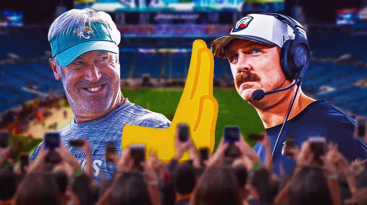 Jacksonville Jaguars coach Doug Pederson and Atlanta Falcons defensive coordinator Ryan Nielsen and in the middle of the two, please put a giant hand like this emoji raised_hand to signify that Pederson is being blocked from hiring Nielsen.