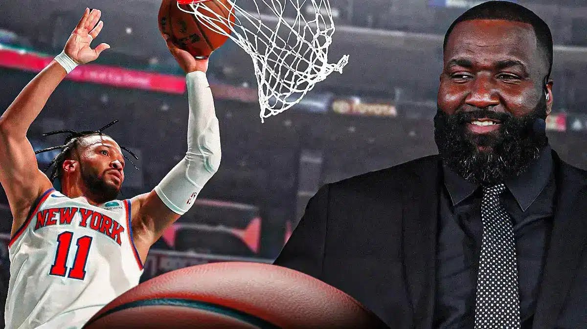 Knicks' Jalen Brunson dunking a basketball on left. Kendrick Perkins in normal clothes smiling.
