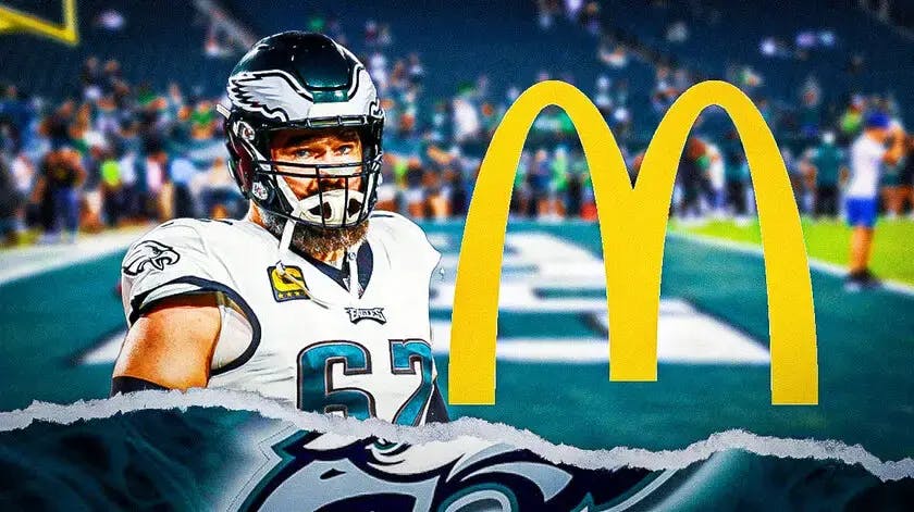 Eagles, Jason Kelce, Jason Kelce Eagles, Jason Kelce retirement, Jason Kelce McDonald's, Jason Kelce in Eagles uni and McDonalds logo with Eagles stadium in the background