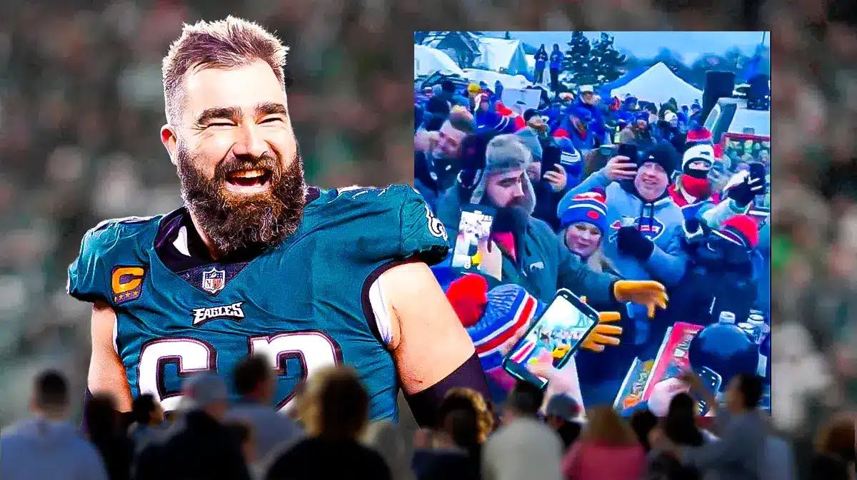 Eagles Jason Kelce having fun with the Bills Mafia before game with Travis Kelce Chiefs