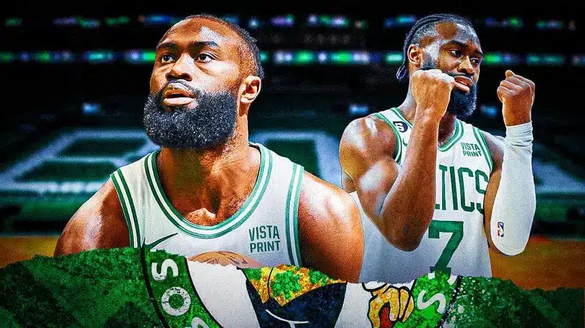 Celtics' Jaylen Brown with a Celtics logo