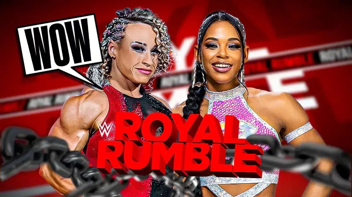 Jordynne Grace with a text bubble reading “Wow” next to Bianca Belair with the Royal Rumble logo as the background.