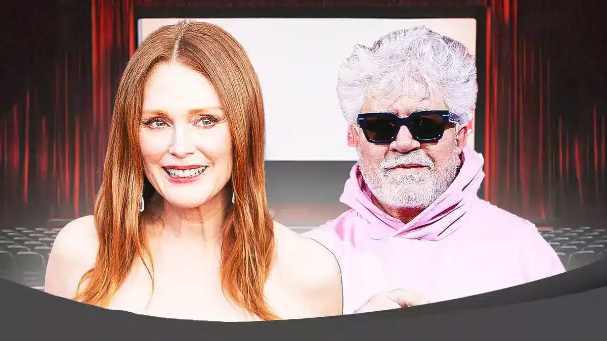 Julianne Moore and Pedro Almodóvar in front of a movie screen