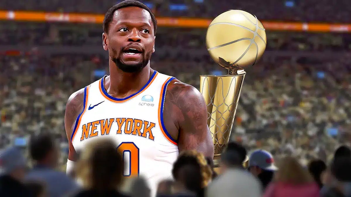 Julius Randle alongside the NBA trophy and the Knicks arena in the background