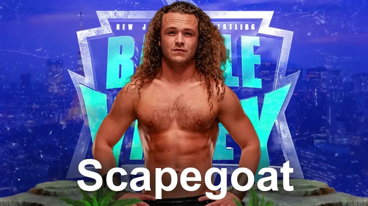 Jungle Boy Jack Jerry with the word Scapegoat under him and the New Japan Pro Wrestling Battle in the Valley logo as the background.