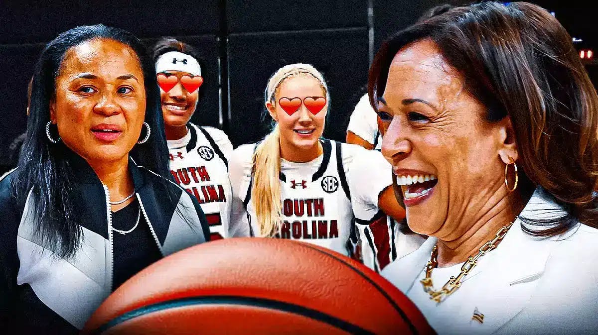 U.S. Vice President Kamala Harris, and South Carolina women’s basketball coach Dawn Staley, along with other players from the South Carolina women’s basketball team. Dawn Staley and the South Carolina players should have stars in their eyes looking at Harris