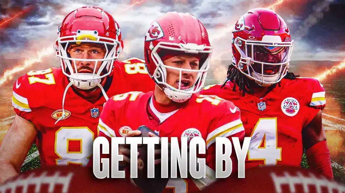 Patrick Mahomes, Travis Kelce, Devin Singletary all beside each other with meteors in the background.