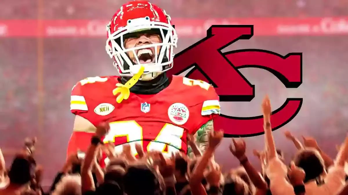 Skyy Moore in front of a Kansas City Chiefs logo.