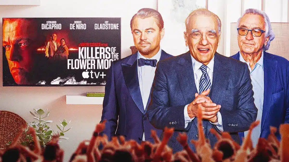 Killers of the Flower Moon and Apple TV+ logo on TV next to Leonardo DiCaprio, Martin Scorsese, and Robert De Niro.