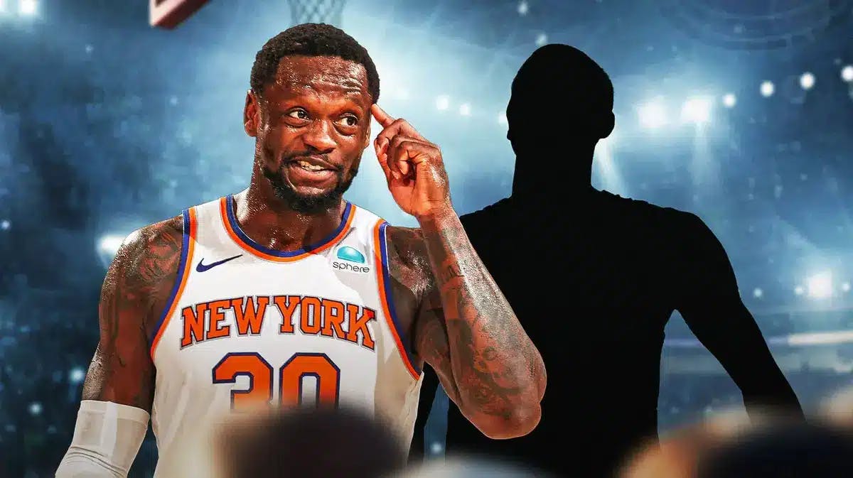 Julius Randle (Knicks) with mystery player in silhouette. That mystery player is DeJounte Murray (Hawks)