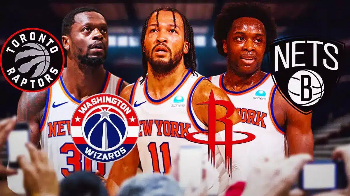 Knicks Julius Randle, Jalen Brunson, OG Anunoby surrounded by Raptors, Wizards, Rockets, Nets logos with Madison Square Garden background
