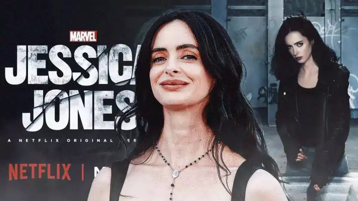 Krysten Ritter with the show logo for Jessica Jones and a poster for the show in the background