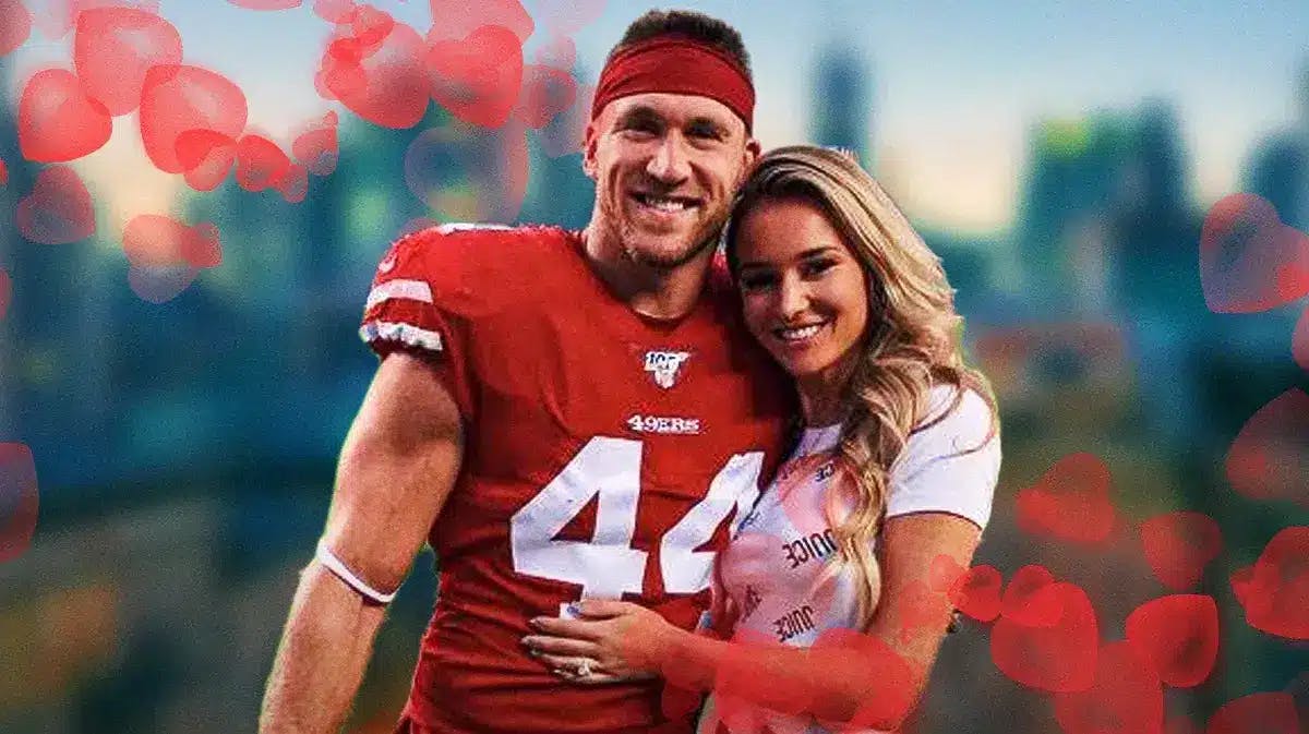 Kyle Juszczyk and Kristin Juszczyk surrounded by hearts.