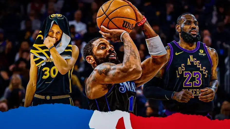 Mavericks' Kyrie Irving shooting a basketball. Lakers' LeBron James, Warriors' Stephen Curry looking worried.