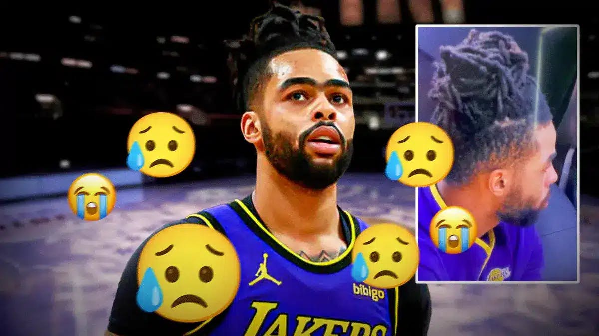 Lakers' D’Angelo Russell looking sad with crying emojis all over him, with a screenshot of him looking sad