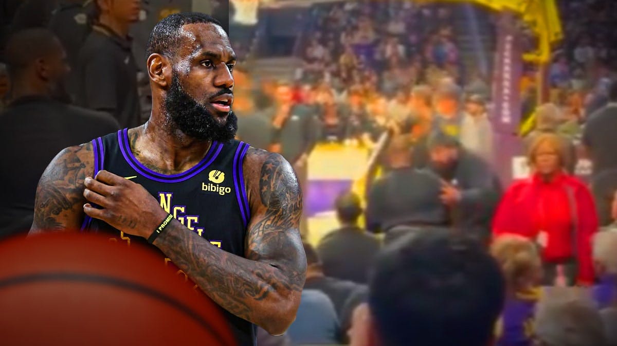 Lakers' LeBron James looking worried, with a screenshot of LeBron being hugged