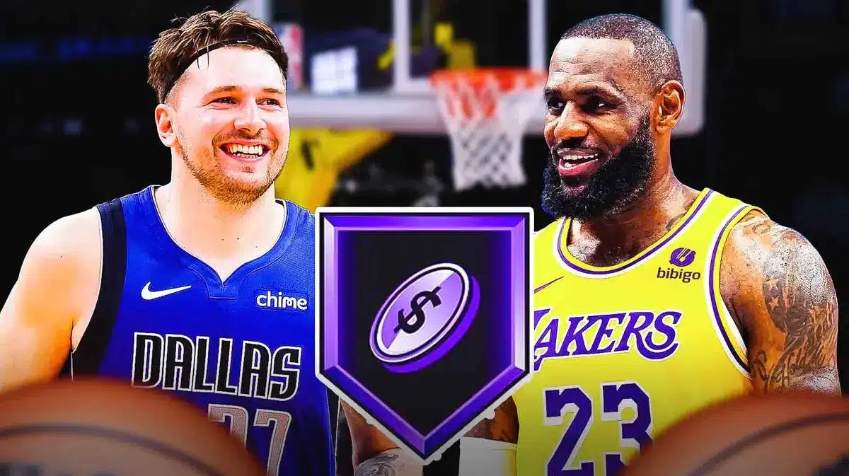 Lakers' LeBron James and Mavericks' Luka Doncic, smiling, with the 2k HOF Dimer badge in the middle
