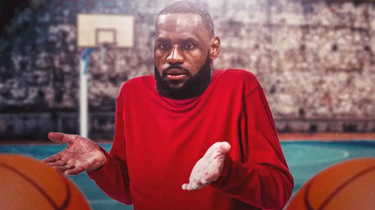 Lakers' LeBron James as the shrugging old man stock photo