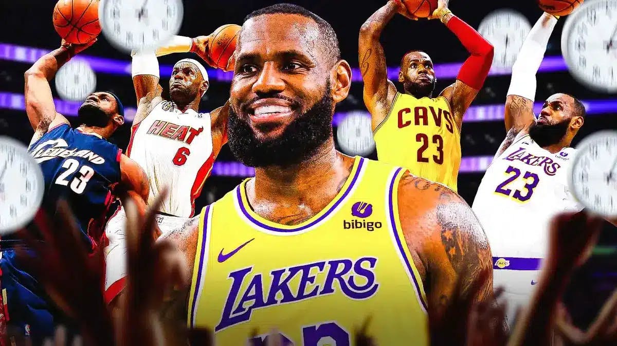 Lakers' LeBron James smiling in the middle, with pictures of LeBron through the years in the background: (left to right) Dunking in a Cavs uniform (2007), dunking in a Heat uniform (2012), Dunking in a Cavs uniform (2016), Dunking in a Lakers uniform (2024), with plenty of clocks falling from the sky