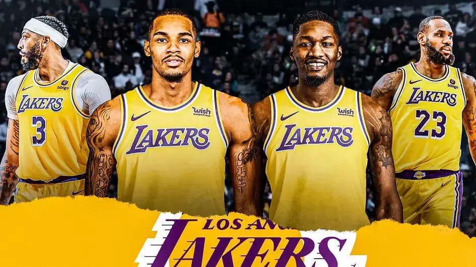 Dejounte Murray and Dorian Finney-Smith in Lakers jerseys in the middle. Lakers Anthony Davis and LeBron James on the outside.