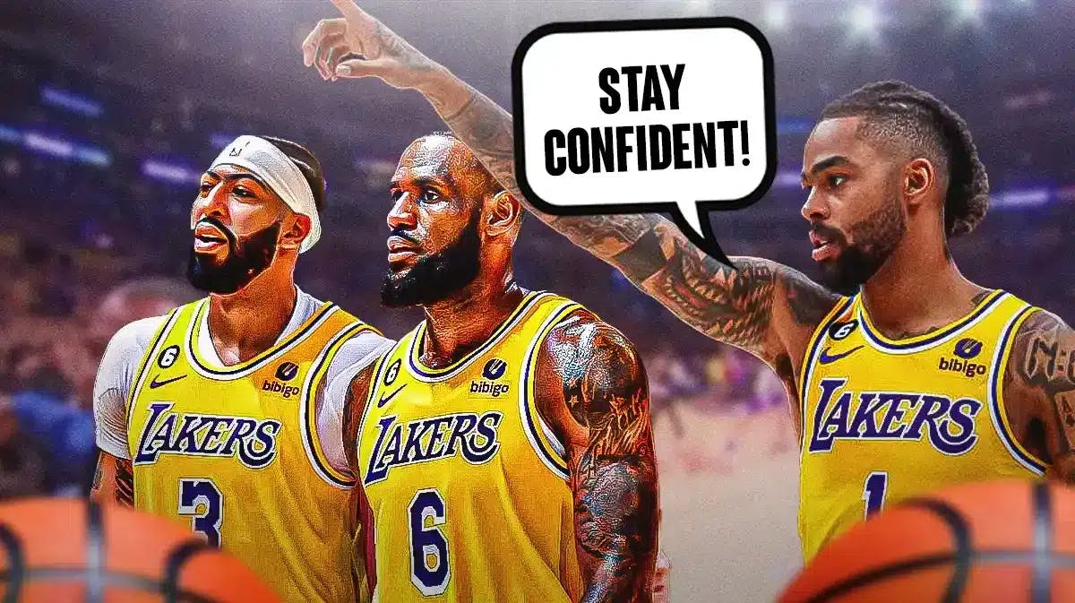 D'Angelo Russell saying "Stay confident" next to LeBron James and Anthony Davis